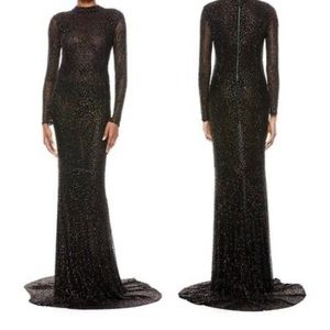 Alice + Olivia long sleeves beaded gown in black with dark brown beads in size 4